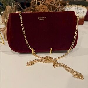 Gucci Deep Red Velvet Clutch with Gold Chain 100% Authentic. New!